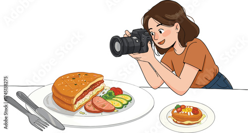 Food photography, cartoon illustration, culinary art, person taking photo, delicious meal, sandwich and dessert, social media trend, lifestyle dining, creative cooking,