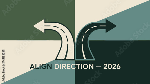 Two diverging road arrows on a diagonally split background with align direction dash twenty twenty six text