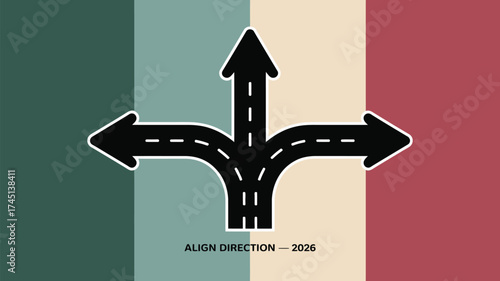 Three way road splitting into left right and forward directions on a color block background design