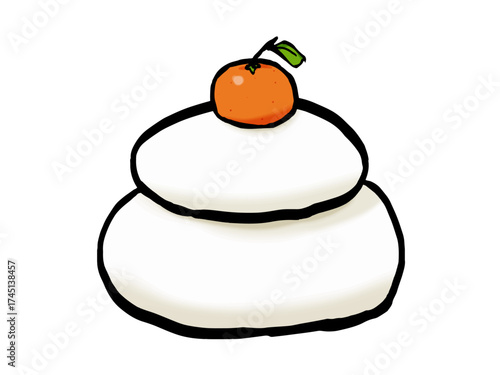 鏡餅のイラスト （筆タッチ） シンプル 正月 /  Kagami Mochi with Mandarin Orange (Traditional Japanese New Year Decoration)
