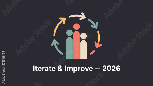 Illustration of three figures surrounded by arrows suggesting iteration and improvement cycle process