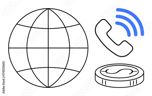 Globe with grid lines, phone with signal waves, and coin highlight connectivity, finance, and international communication. Ideal for technology, economy, global trade, networking telecommunication