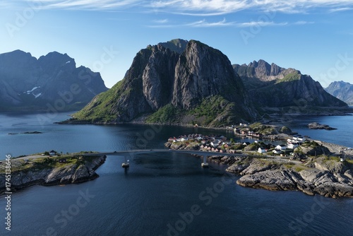 Reine village with bridge and mountains in lofoten, norway