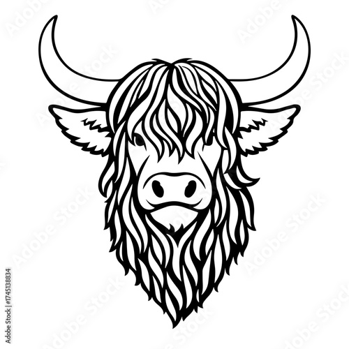 Black and white vector illustration of a highland cow head with long hair and horns. Minimal line art 