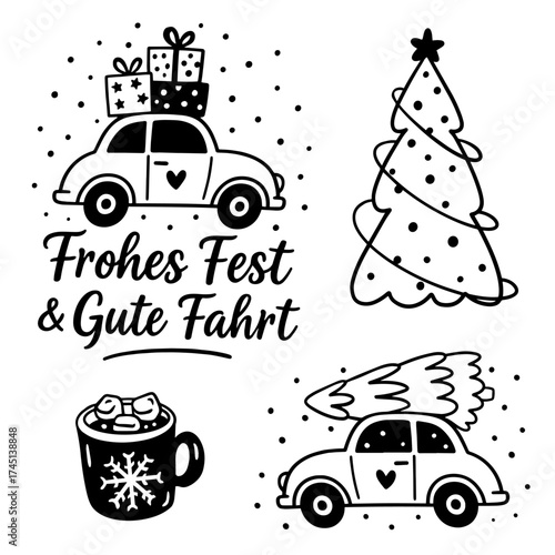 Black and white vector set with cars, gifts, Christmas tree, and cocoa mug. Frohes Fest & Gute Fahrt. Cozy German holiday art.