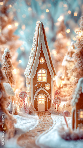 Enchanting whimsical gingerbread house decorated with lights and snow for christmas festive magic