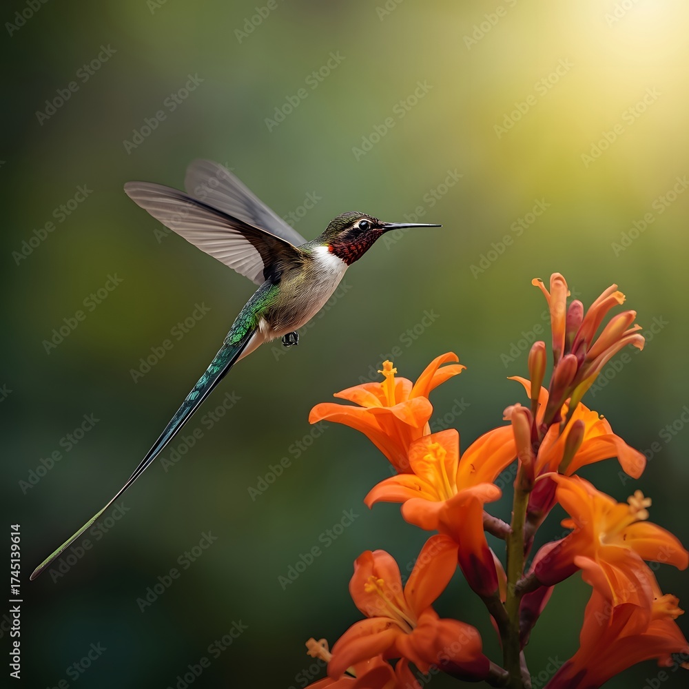 Fototapeta premium Vibrant Long-Tailed Sylph Hummingbird Among Blooming Orange Flora