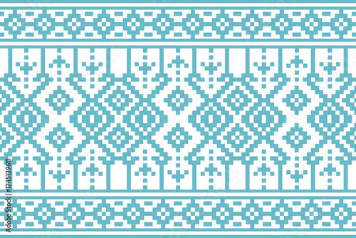 Ethnic textile geometric seamless pattern - Light blue traditional Thai woven design with delicate cultural motifs for ethnic fashion and minimalist interior decoration