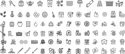 Beekeeping Line Icon Set – Bees, Honey, Hives, Beekeeper Tools, and Organic Farming Vector Symbols