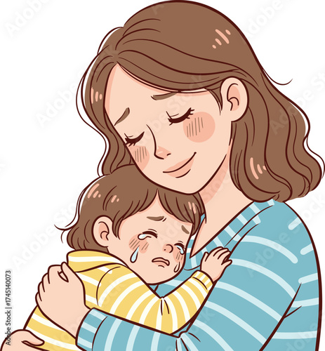 Mother hugging crying child with love, emotional support, family care, parent comforting kid, maternal bond, childhood emotions, tender family moment
