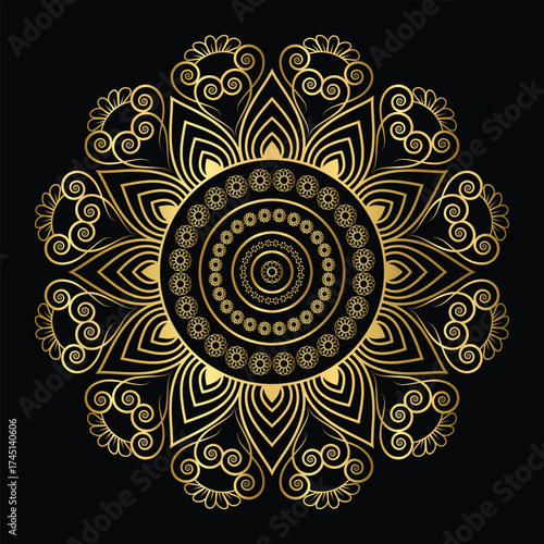 Golden Mandala Vector with Floral and Geometric Ornament on Black Background – EPS Design