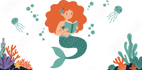 Fantasy mermaid reading book underwater, magical ocean scene, coral reef, jellyfish, whimsical marine life, storytelling illustration, imaginative children artwork