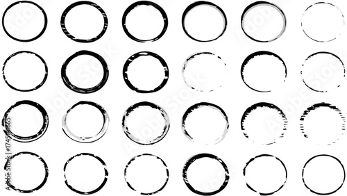 Collection of twenty four black circle shapes with varying grunge and distress effects on a white background