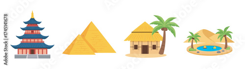 Illustrated landmarks featuring a traditional pagoda, egyptian pyramids, a thatched-roof hut, and a tropical beach scene with palm trees and a pond.