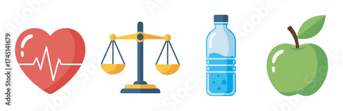 Heart with heartbeat line, golden scales of justice, blue water bottle, and green apple symbolizing health, balance, hydration, and nutrition.