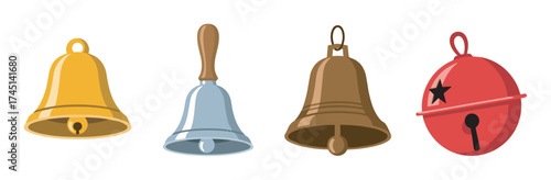 Four colorful bells in various designs and materials, including a yellow hand bell, a silver bell with a handle, a brown hanging bell, and a red jingle bell with a star.