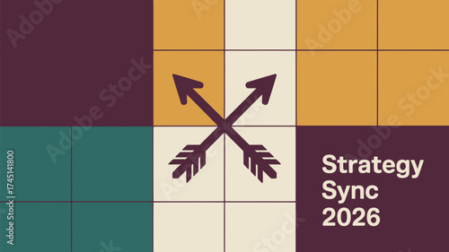 Abstract image with crossed arrows on a grid with strategy sync text on the right side of frame