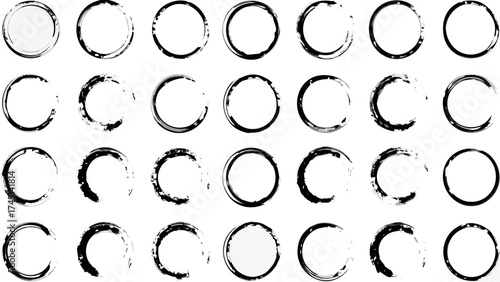 Collection of thirty five black and white circular shapes with grunge and distressed textures arranged in rows