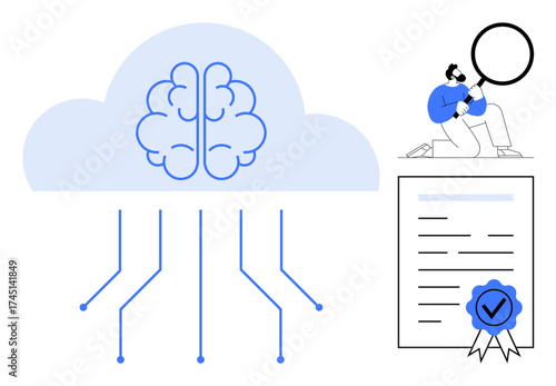 Brain in cloud with data connections, certificate with blue seal, man with magnifying glass. Ideal for AI, cloud technology, data security, education, research quality assurance innovation. Simple