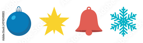 Set of colorful christmas symbols including a blue bauble, yellow star, red bell, and blue snowflake, representing festive holiday decorations.
