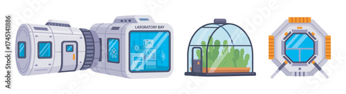 Cartoon illustration of futuristic modular space habitats featuring a laboratory bay, greenhouse dome, and observation unit.