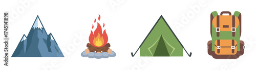 Set of four colorful icons depicting a snow-capped mountain, a blazing campfire, a green triangular tent, and an orange-brown hiking backpack.