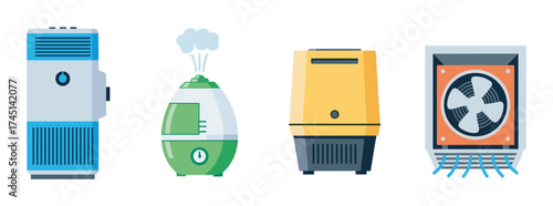 Set of home climate control devices including air purifier, humidifier, dehumidifier, and ventilation fan displayed in a row.