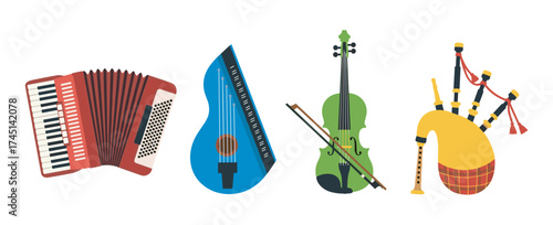 Colorful array of four traditional musical instruments including an accordion, lute, violin, and bagpipes.