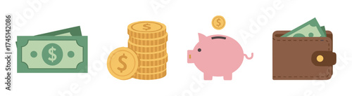 Illustrated icons of a stack of dollar bills, a pile of golden coins, a pink piggy bank, and a brown wallet with cash, showcasing financial and savings concepts.