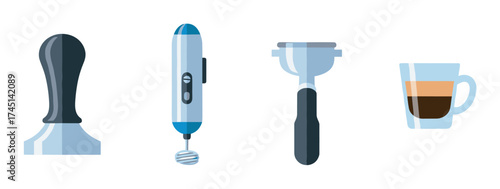 Coffee brewing tools displayed in a row, including a tamper, milk frother, portafilter, and clear mug filled with espresso.