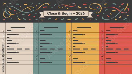 A checklist for closing and beginning in the year two thousand and twenty six with confetti above it