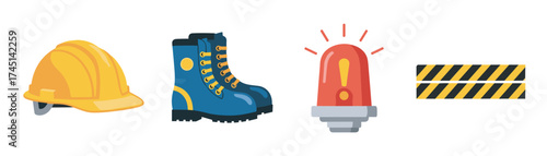 Yellow construction helmet, blue work boots, red emergency siren, and caution tape icon set depicting safety gear and equipment for industrial and construction environments.