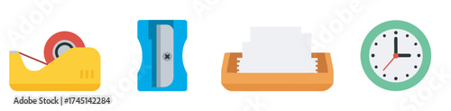 Minimalistic flat design icons depicting a tape dispenser, pencil sharpener, paper tray, and wall clock, representing common office supplies.