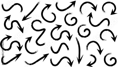 Collection of black hand drawn grunge style arrows pointing in various directions on a white background