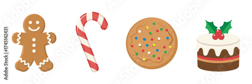Gingerbread man, candy cane, sprinkled cookie, and christmas cake with holly arranged in a festive row.