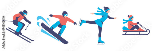 Four winter sports activities featuring a skier, snowboarder, ice skater, and sledder in dynamic motion wearing winter gear.