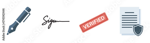 Icon set featuring a pen, a handwritten signature, a verified stamp, and documents with a security shield, representing concepts of authentication and validation.