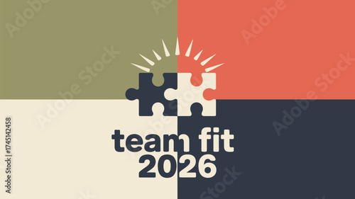 A logo with puzzle pieces and sun rays above the words team fit and the year 2026 on a color block back