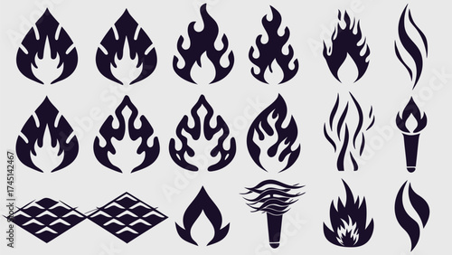 Collection of fifteen stylized flame and fire icons in black silhouette against a white background