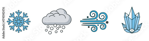 Four weather-themed icons featuring a blue snowflake, a gray cloud with falling snow, stylized wind, and an angular ice crystal.