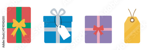 Four colorful, distinct gift boxes and a tag, each with different wrapping and decorative elements, indicating a festive and gift-giving theme.