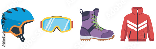 Colorful ski equipment including a blue helmet, yellow goggles, purple boot, and red jacket, representing winter sports essentials.