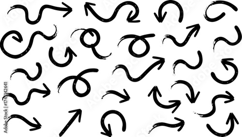 Collection of hand drawn black arrows pointing in various directions on a white background design element