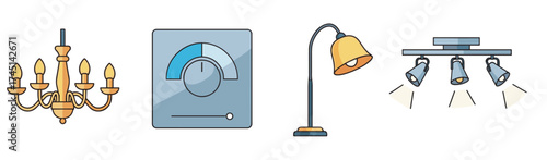Four colored illustrations showing various lighting fixtures, including a chandelier, a dimmer switch, a floor lamp, and track lighting.