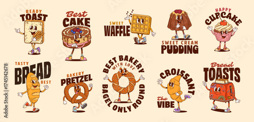 Y2k groovy bakery and dessert stickers. Cartoon vector personages of pastries and confectionery with expressive quirky faces, including toast, cake, waffle, pudding, pretzel, bagel or croissant treats