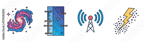 Colorful illustrations of a galaxy, cosmic measurement tool, radio tower, and lightning bolt, representing space and communication concepts.