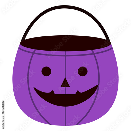 Purple Halloween pumpkin bucket with a smiling jack o lantern face. Perfect for trick or treat, kids holiday decorations, party invitations, autumn celebration graphics and seasonal crafts.