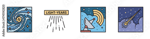 Colorful icons depicting a galaxy, light-years text, a satellite dish with waves, and a meteor streaking through a starry sky.