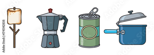 Colorful illustrations of a toasted marshmallow on a stick, a moka pot, an unopened can with a pull tab, and a blue saucepan with a lid.