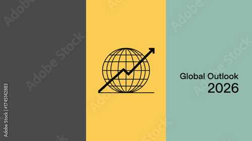 Global outlook for the year two thousand and twenty six with a globe and upward trending arrow icon